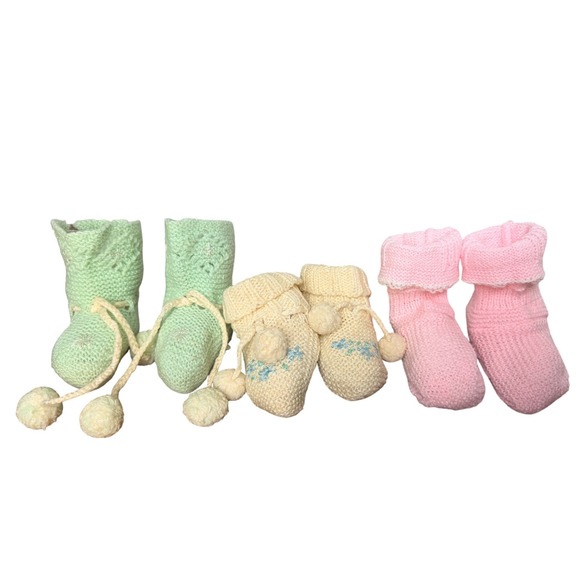 Other - Vtg Crochet Baby Bootie Lot of 3 Infant Pink Cream Mint Green Pom Pom